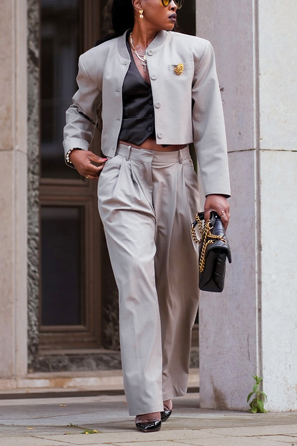 Chic Baseball Collar Cropped Top & Pants Set