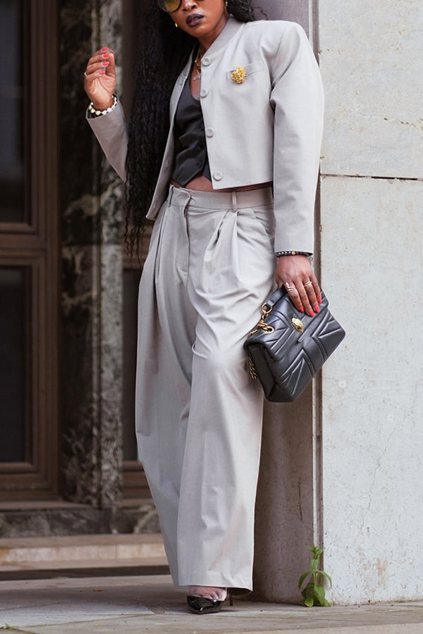 Chic Baseball Collar Cropped Top & Pants Set