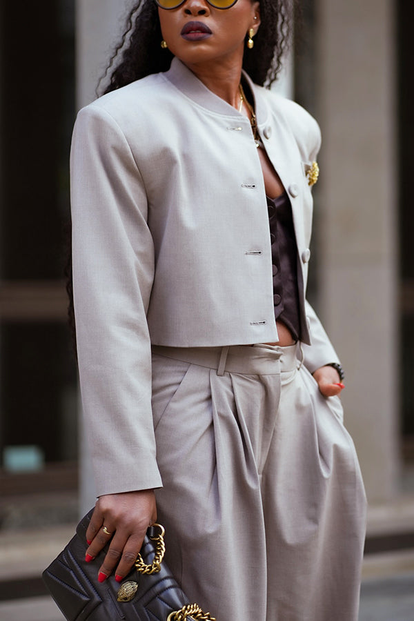 Chic Baseball Collar Cropped Top & Pants Set