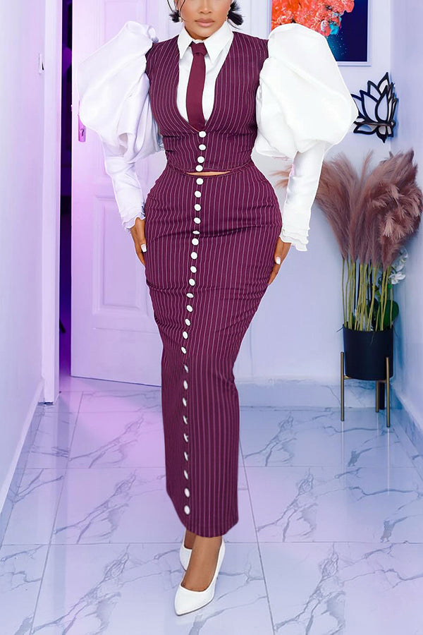 Stylish Gigot Sleeve Striped Three-piece Set