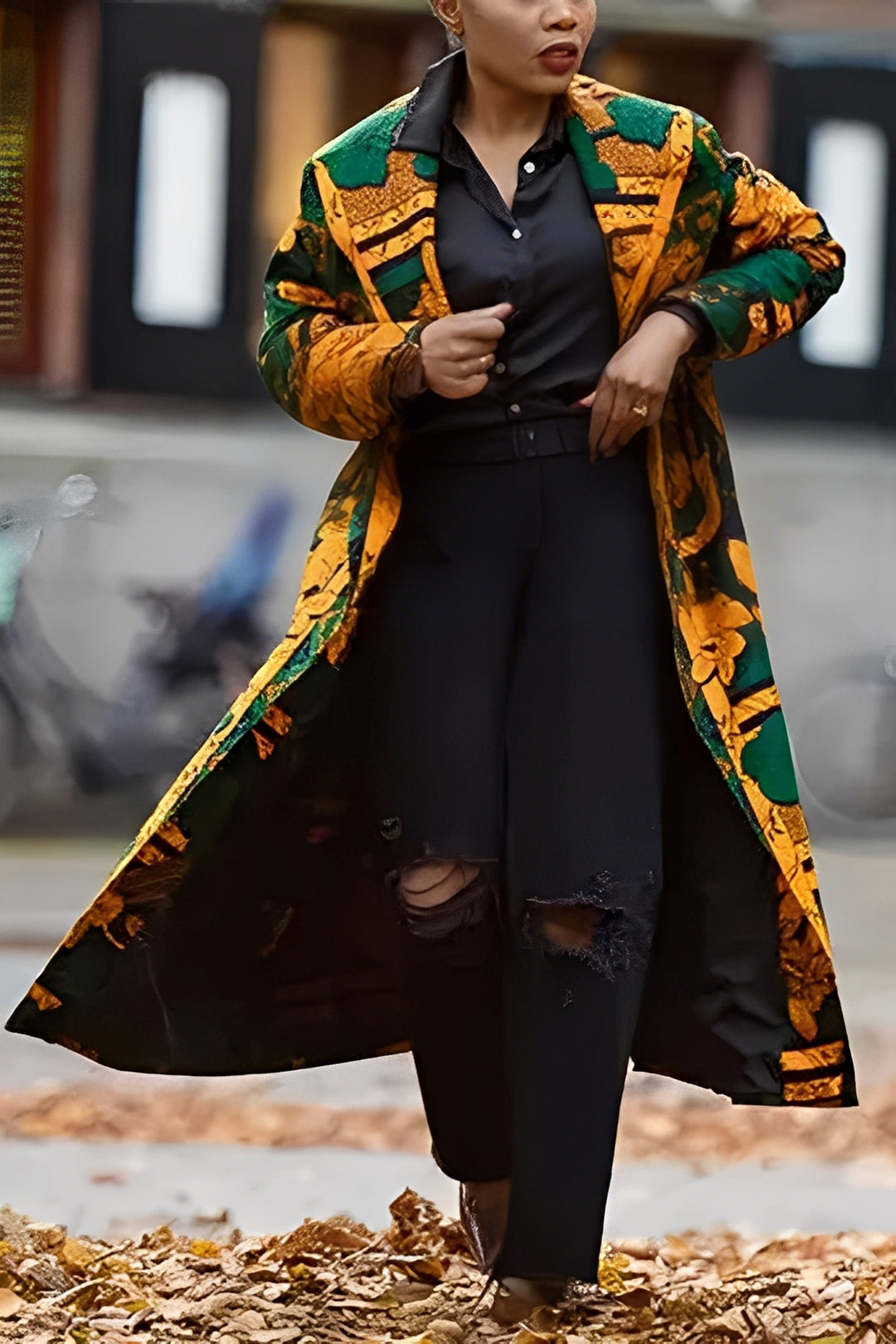 Stylish Shawl Collar Leaf Print Jacket