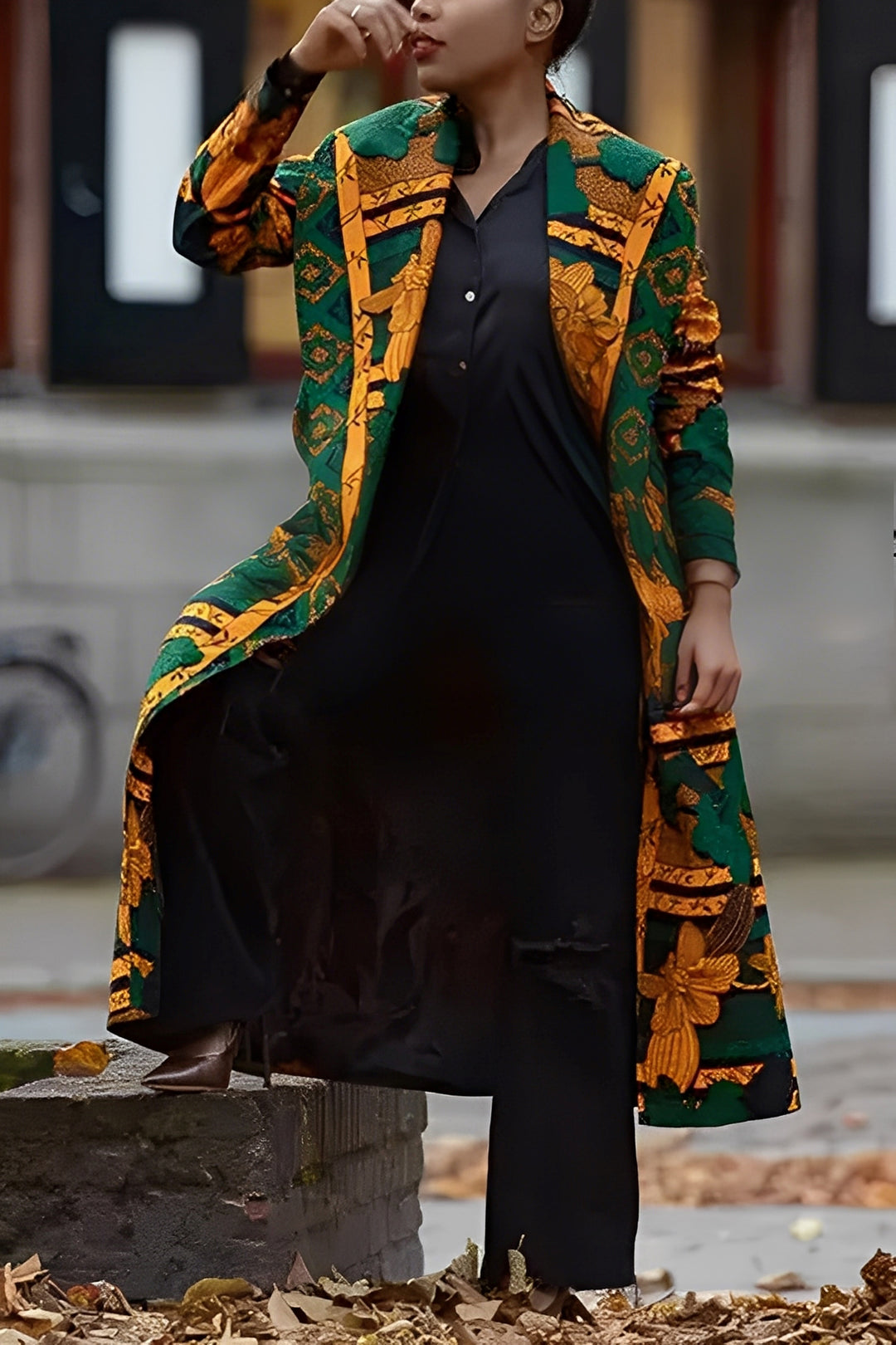 Stylish Shawl Collar Leaf Print Jacket