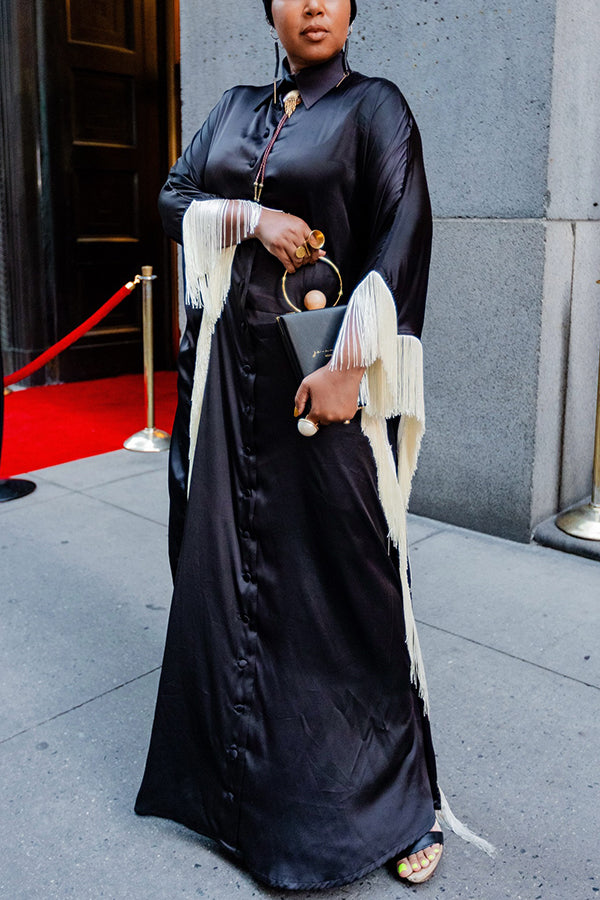 Stylish Fringe Trim Shirt Long Dress