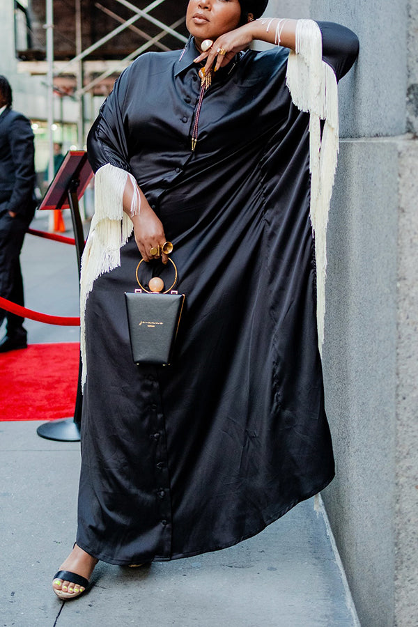 Stylish Fringe Trim Shirt Long Dress