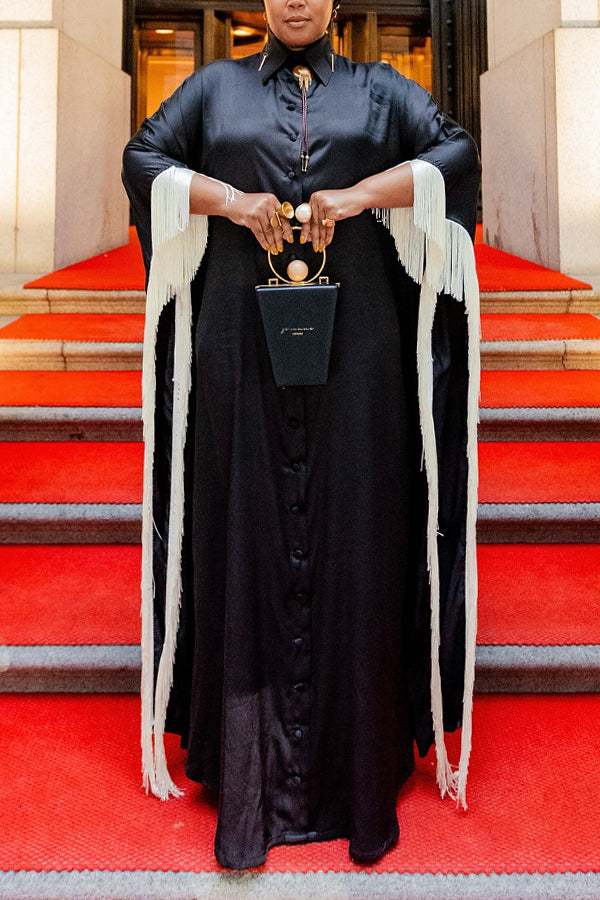 Stylish Fringe Trim Shirt Long Dress