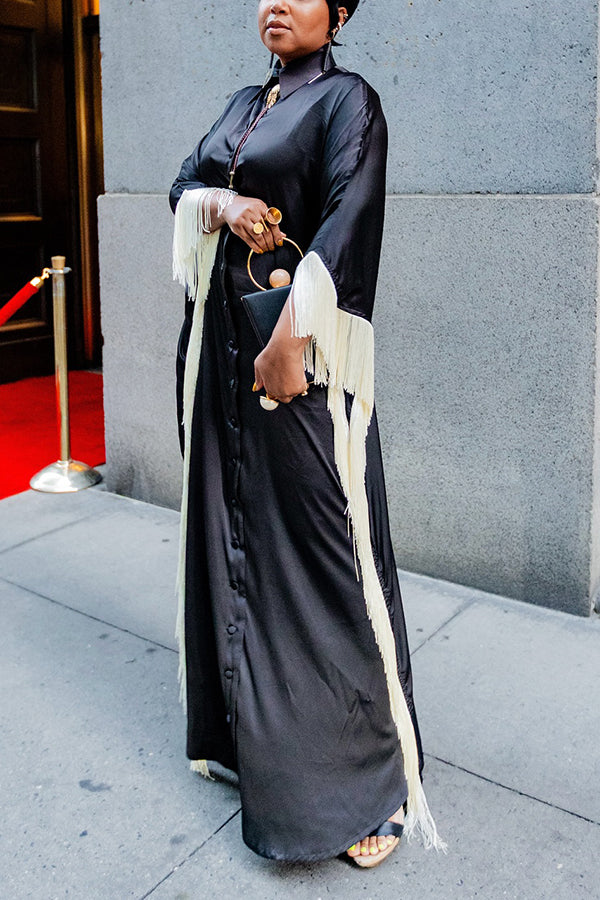 Stylish Fringe Trim Shirt Long Dress