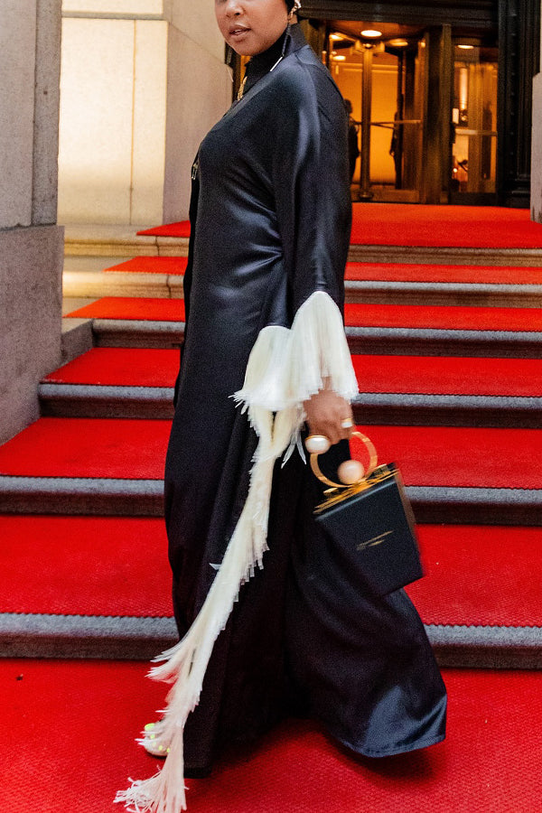 Stylish Fringe Trim Shirt Long Dress