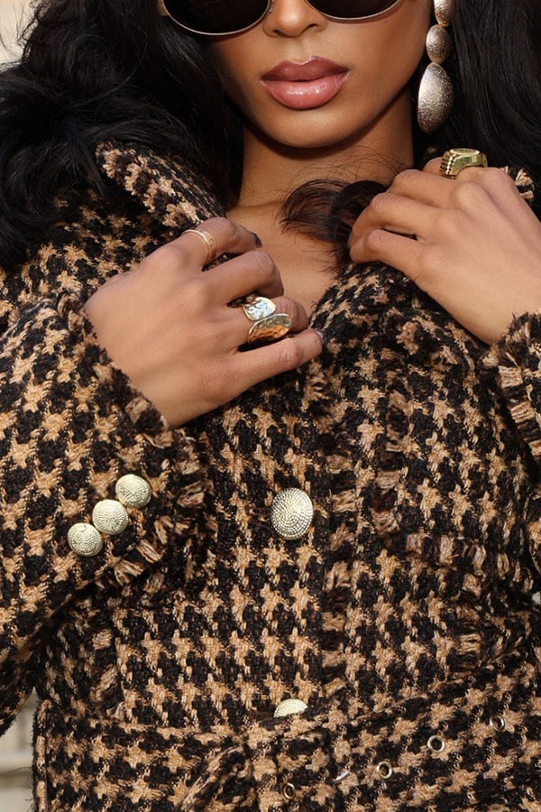 Vintage Houndstooth Belted Coat & Skirt Set