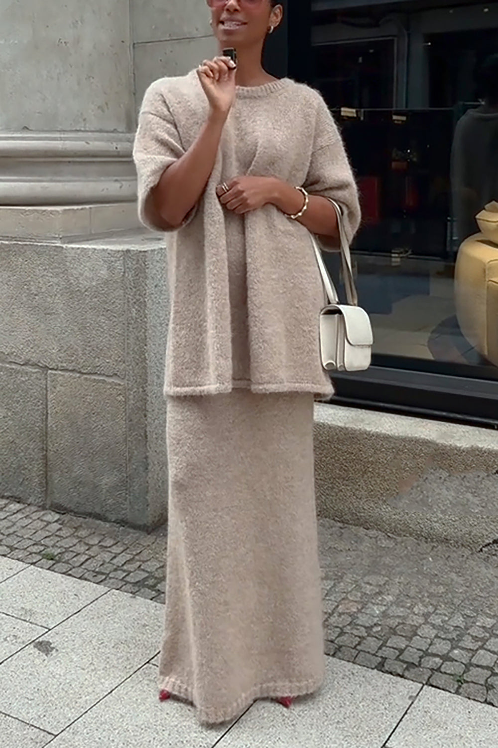 High End Solid Sweater & Long Knitted Skirt Set
