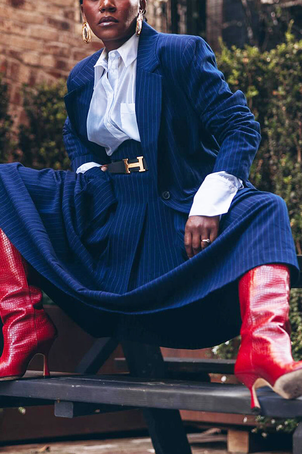 Stylish Striped Blazer & Ruffled High Waist Skirt Set