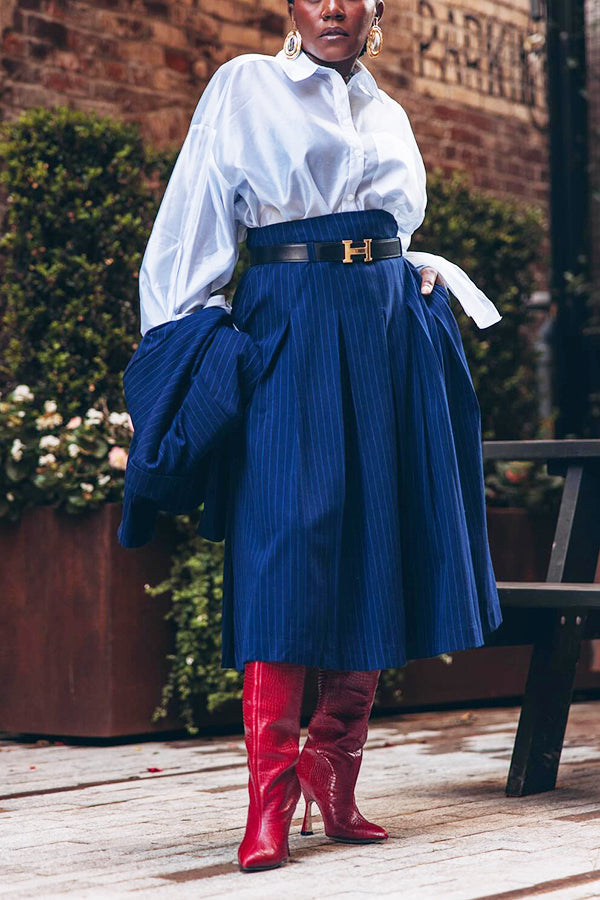 Stylish Striped Blazer & Ruffled High Waist Skirt Set