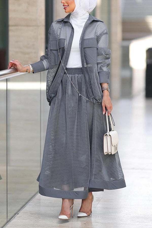 Casual Flap Pocket Openwork Top & Skirt Set