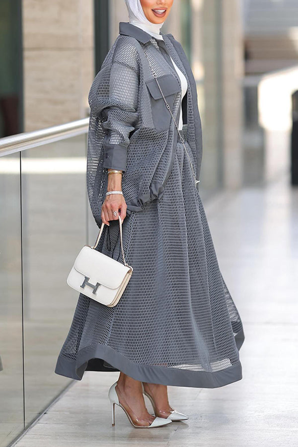 Casual Flap Pocket Openwork Top & Skirt Set