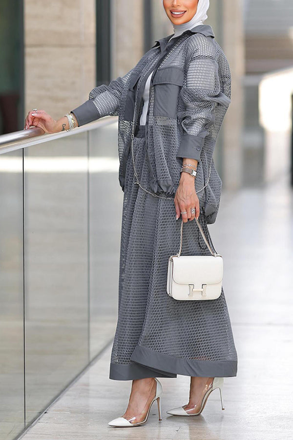 Casual Flap Pocket Openwork Top & Skirt Set