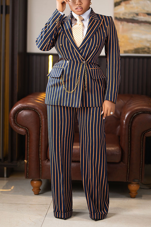 Chic Peak Collar Striped Blazer & Pants Set