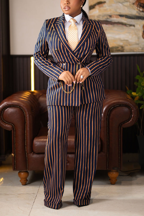 Chic Peak Collar Striped Blazer & Pants Set
