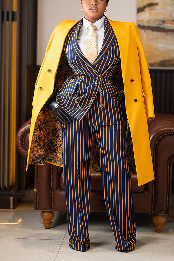 Chic Peak Collar Striped Blazer & Pants Set