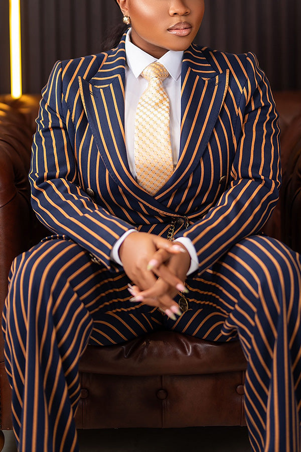 Chic Peak Collar Striped Blazer & Pants Set