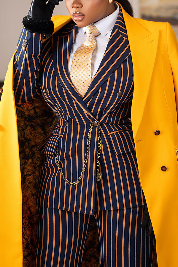 Chic Peak Collar Striped Blazer & Pants Set