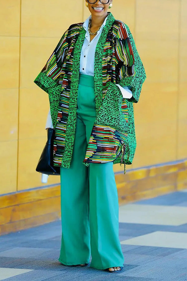 Stylish Striped Open Front Coat & Pants Set