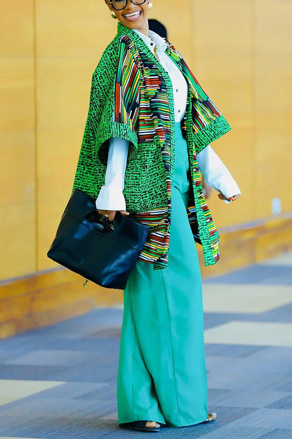 Stylish Striped Open Front Coat & Pants Set