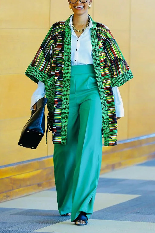 Stylish Striped Open Front Coat & Pants Set