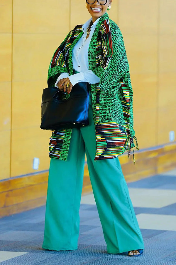 Stylish Striped Open Front Coat & Pants Set