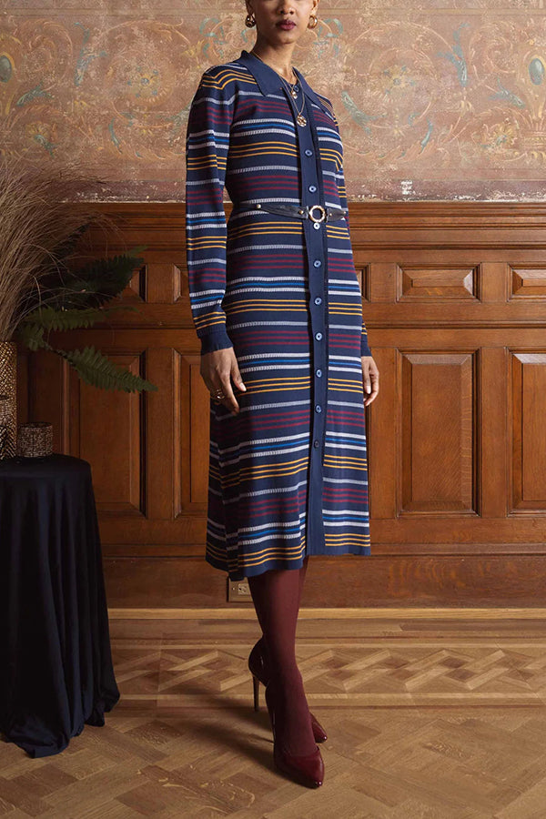 Comfortable Single Breasted Striped Knitted Maxi Dress