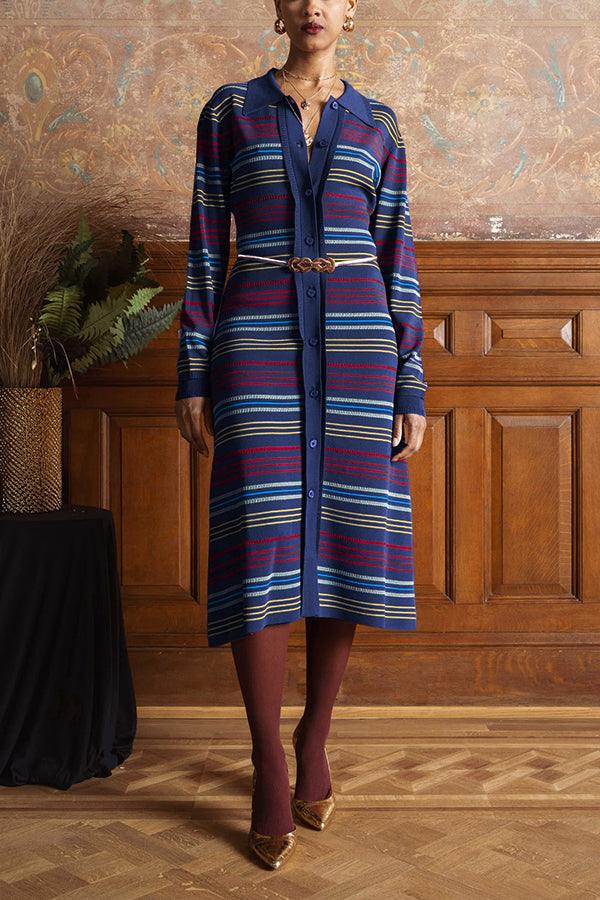 Comfortable Single Breasted Striped Knitted Maxi Dress