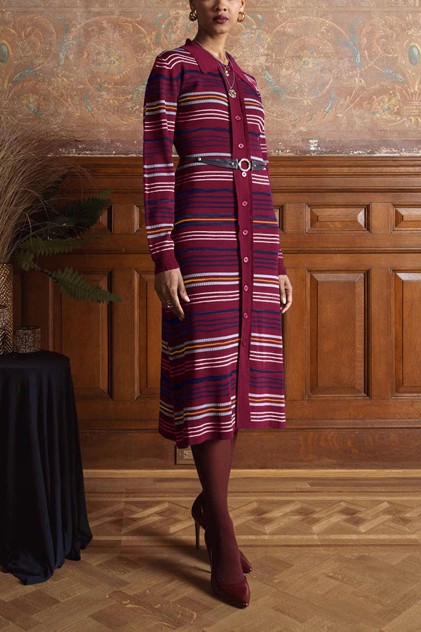 Comfortable Single Breasted Striped Knitted Maxi Dress