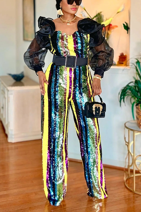 Stylish Rainbow-hued Stripes Sequin Jumpsuit