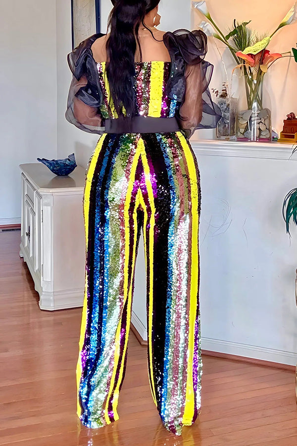 Stylish Rainbow-hued Stripes Sequin Jumpsuit