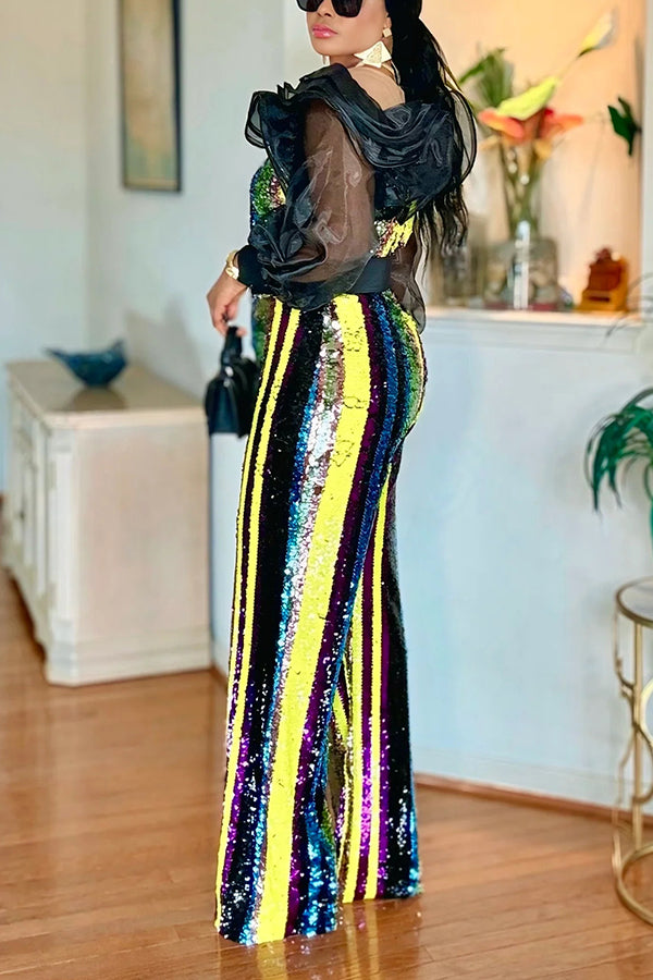 Stylish Rainbow-hued Stripes Sequin Jumpsuit