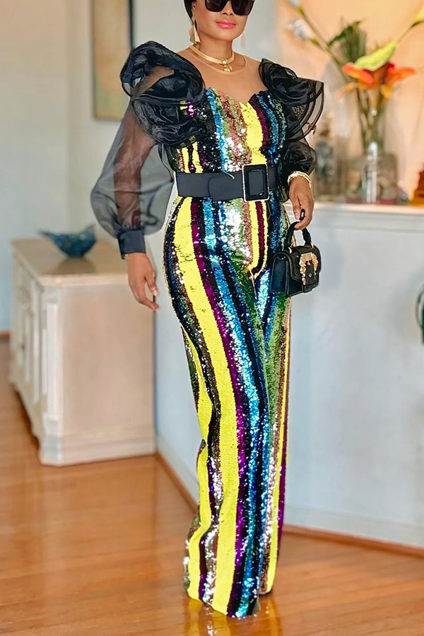 Stylish Rainbow-hued Stripes Sequin Jumpsuit