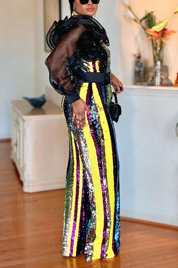 Stylish Rainbow-hued Stripes Sequin Jumpsuit