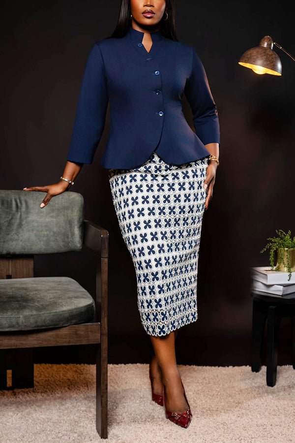 Elegant Button Up Top & Graphic Print Skirt Set