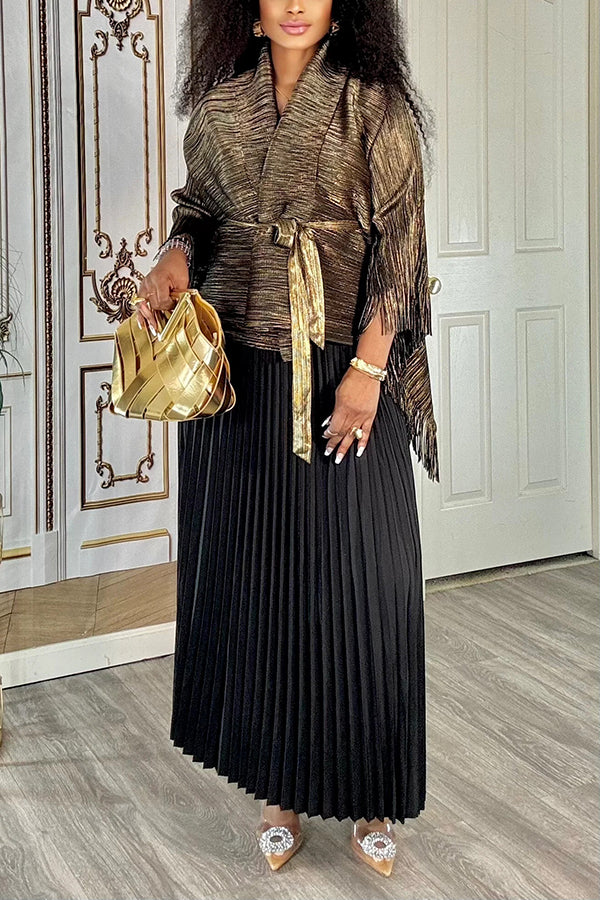 Chic Fringe Trim Top & Pleated Skirt Set