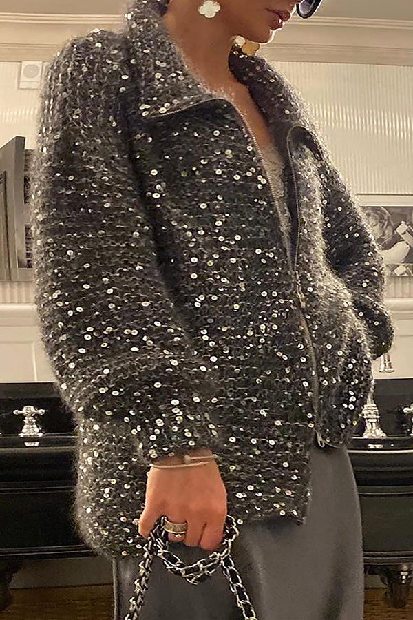 Stylish Lapel Zipper Sequin Embellished Sweater