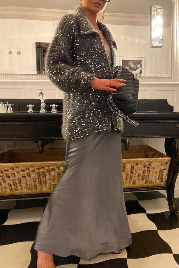 Stylish Lapel Zipper Sequin Embellished Sweater