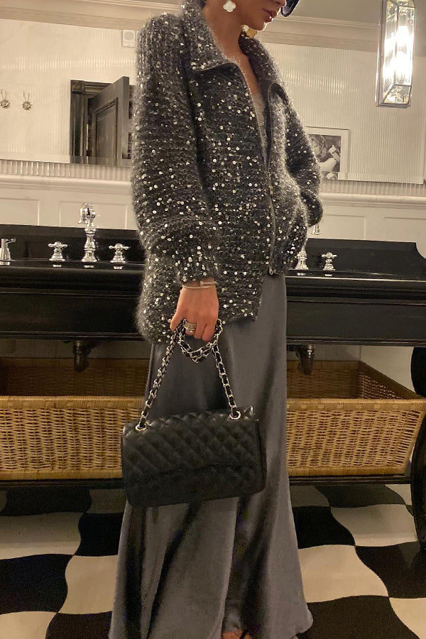 Stylish Lapel Zipper Sequin Embellished Sweater