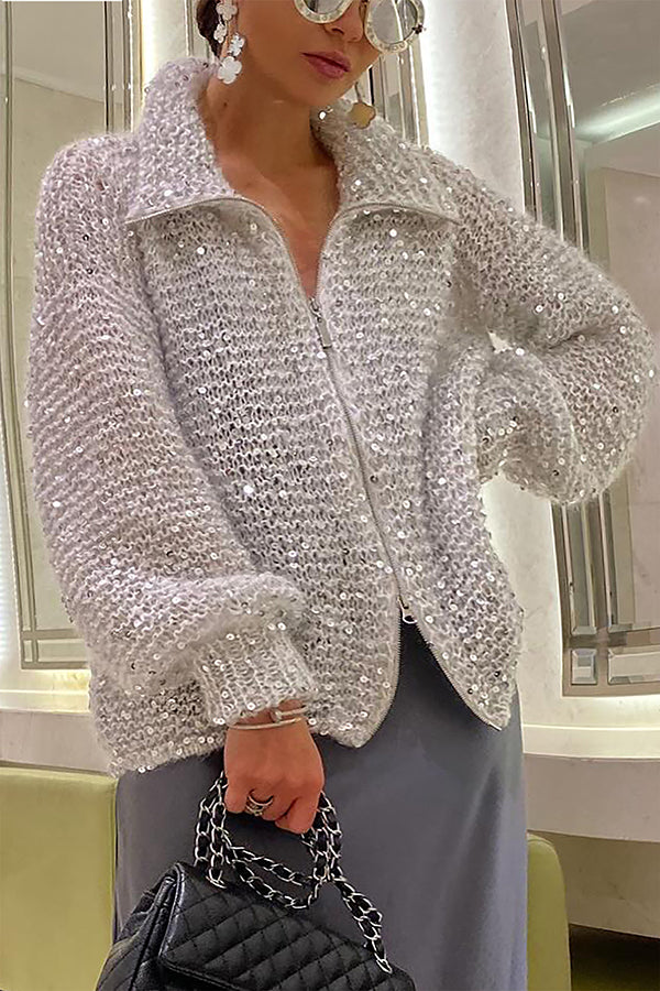 Stylish Lapel Zipper Sequin Embellished Sweater