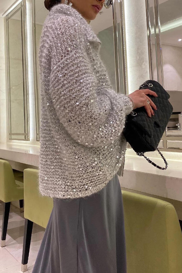 Stylish Lapel Zipper Sequin Embellished Sweater