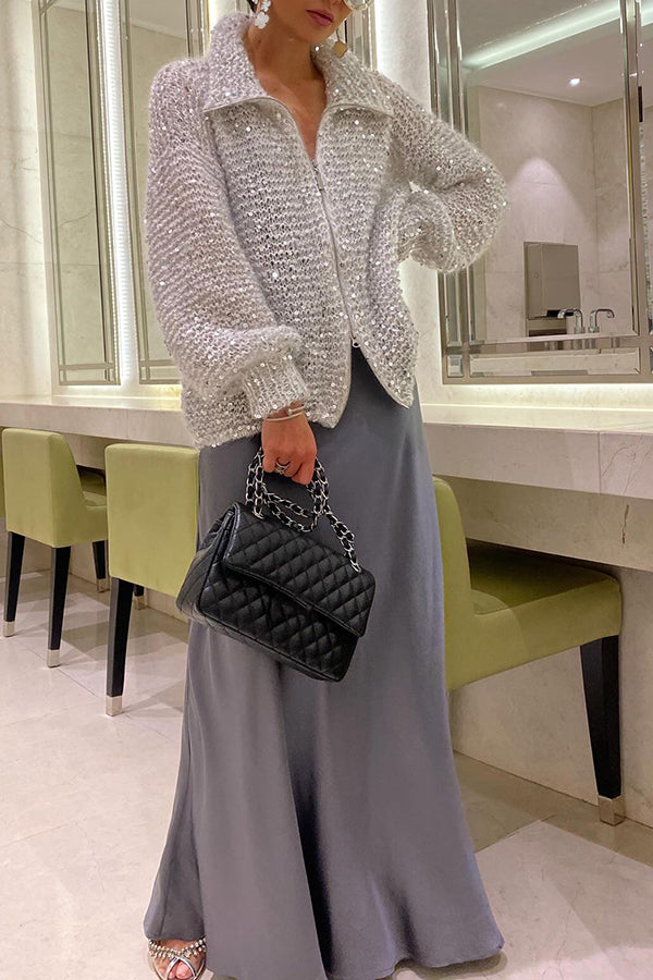 Stylish Lapel Zipper Sequin Embellished Sweater