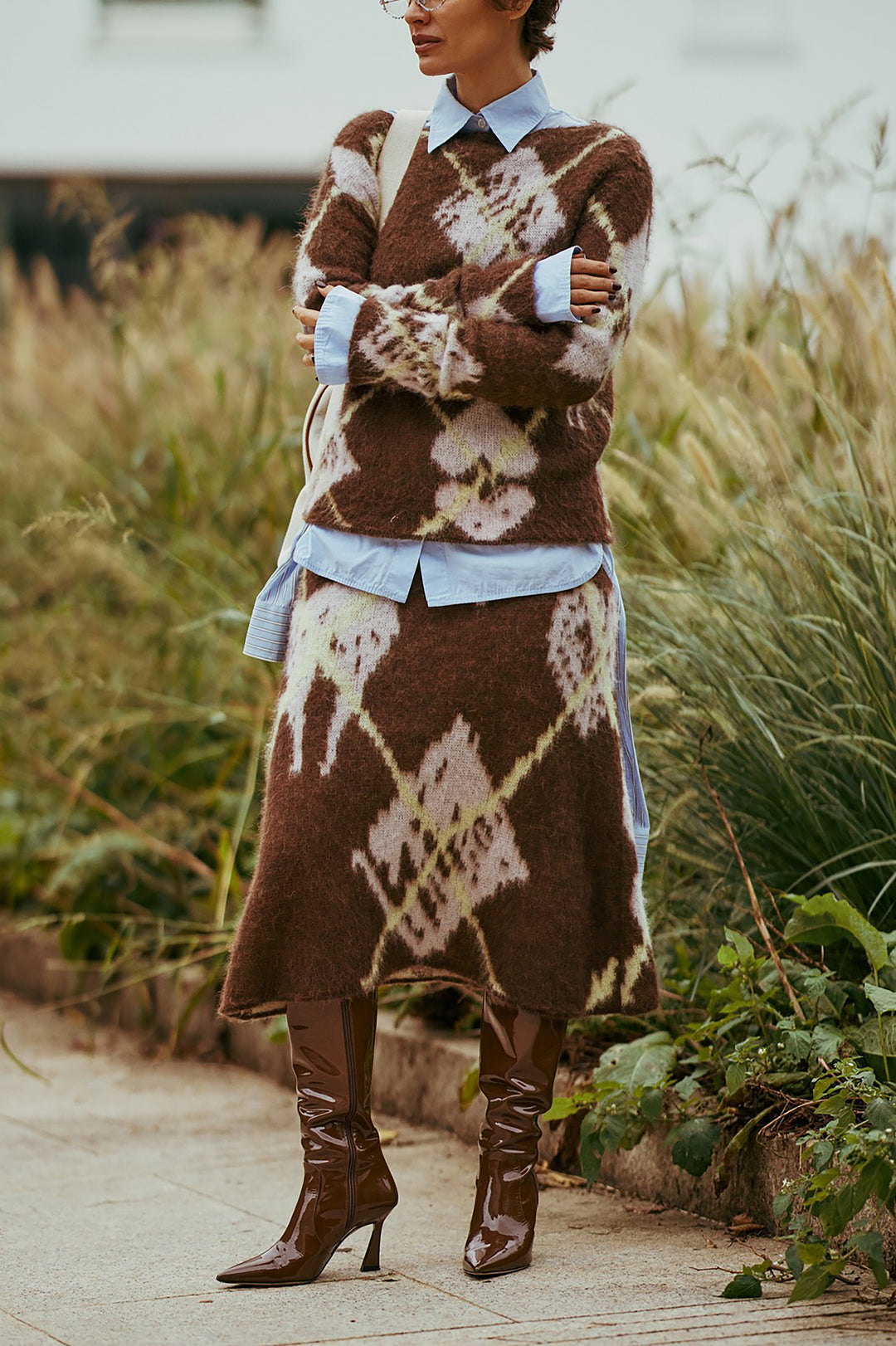 Retro Graphic Print Sweater & Knitted Skirt Set