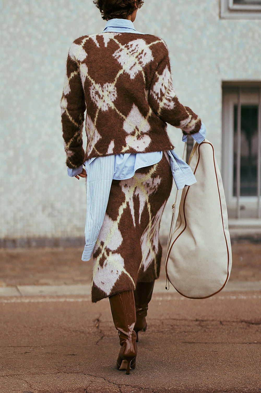 Retro Graphic Print Sweater & Knitted Skirt Set
