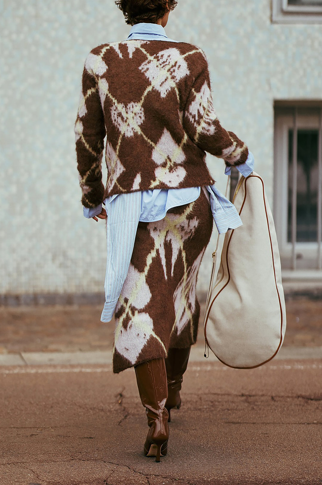 Retro Graphic Print Sweater & Knitted Skirt Set