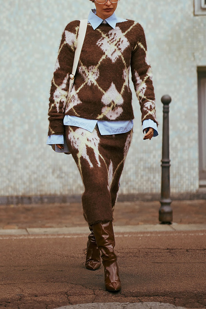 Retro Graphic Print Sweater & Knitted Skirt Set