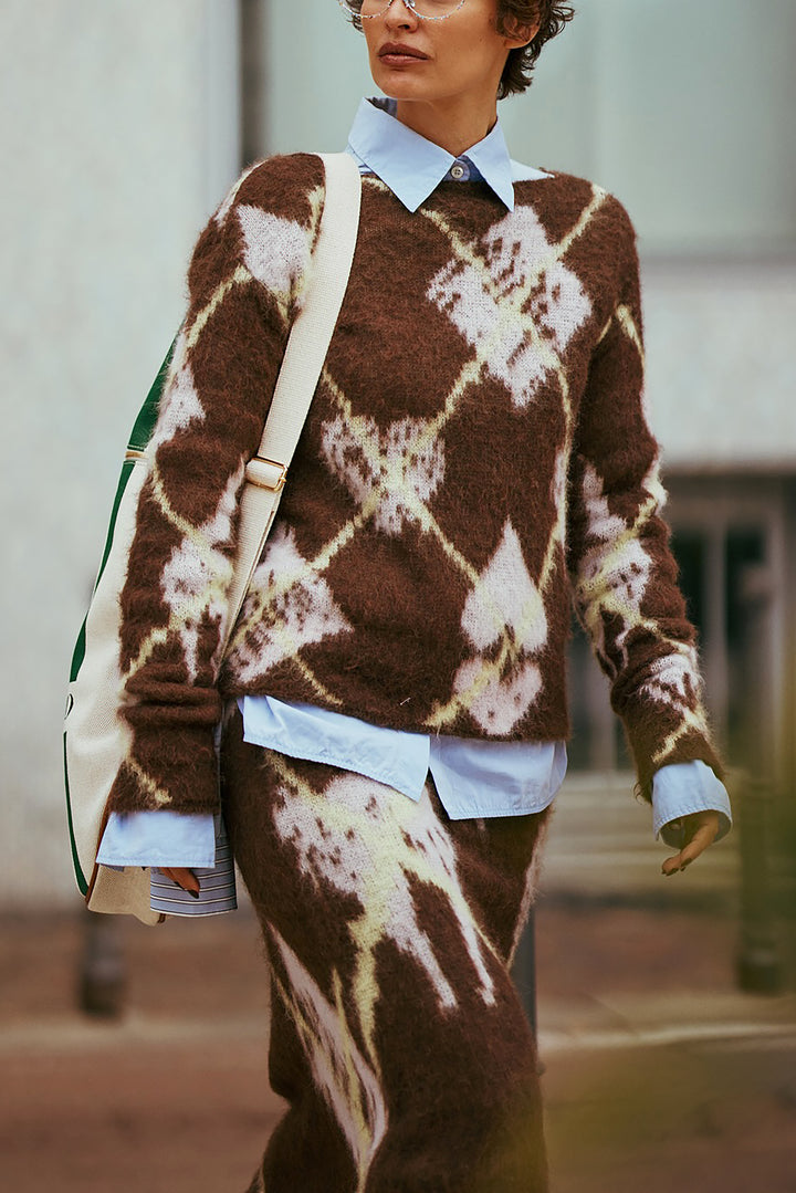 Retro Graphic Print Sweater & Knitted Skirt Set