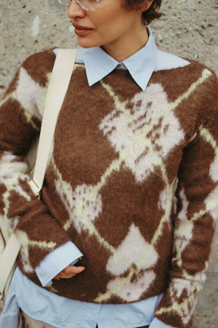 Retro Graphic Print Sweater & Knitted Skirt Set