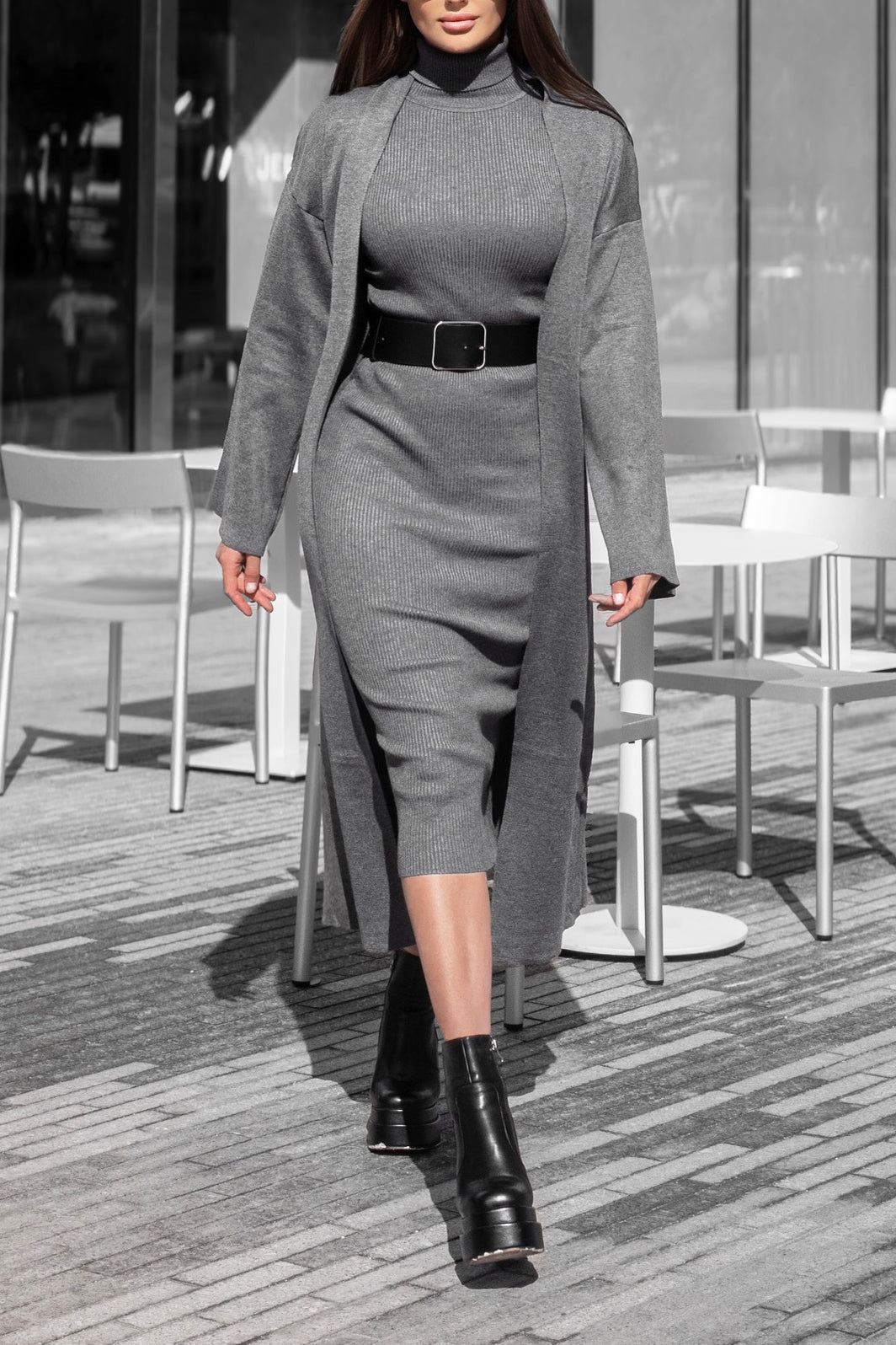 Stylish Knitted Cardigan & Turtleneck Maxi Dress Set